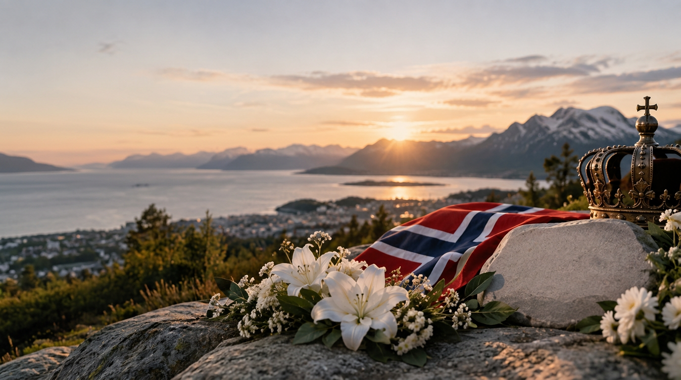 Norsk flagg, hvite blomster og en krone ved en fjord i varm solnedgang