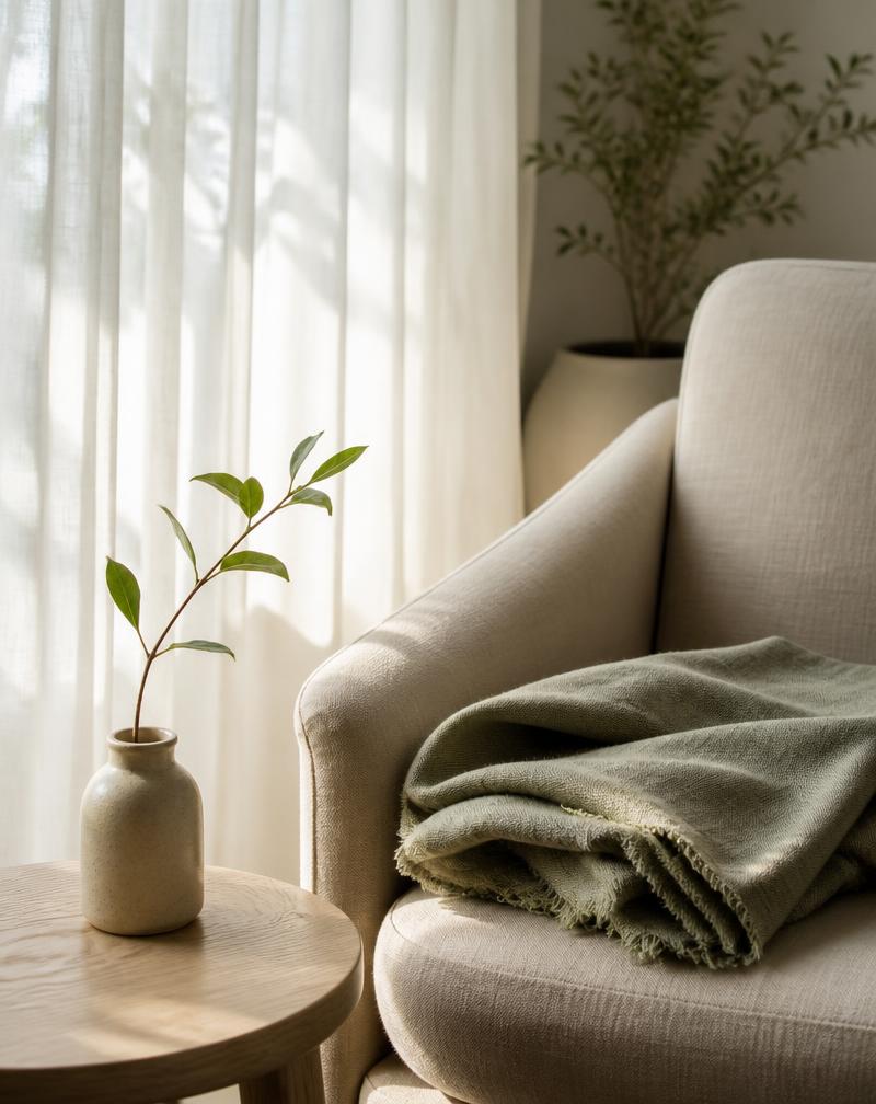 A cozy reading corner with soft light and a folded blanket