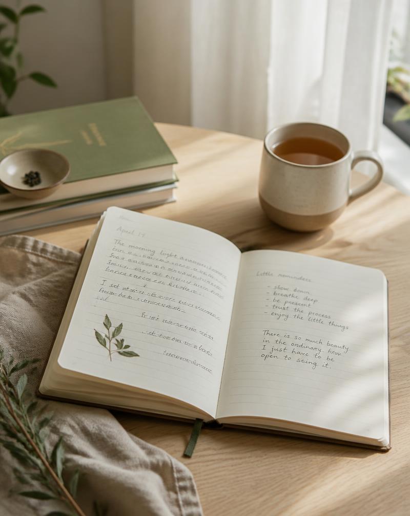 An open journal and a cup of tea in soft morning light