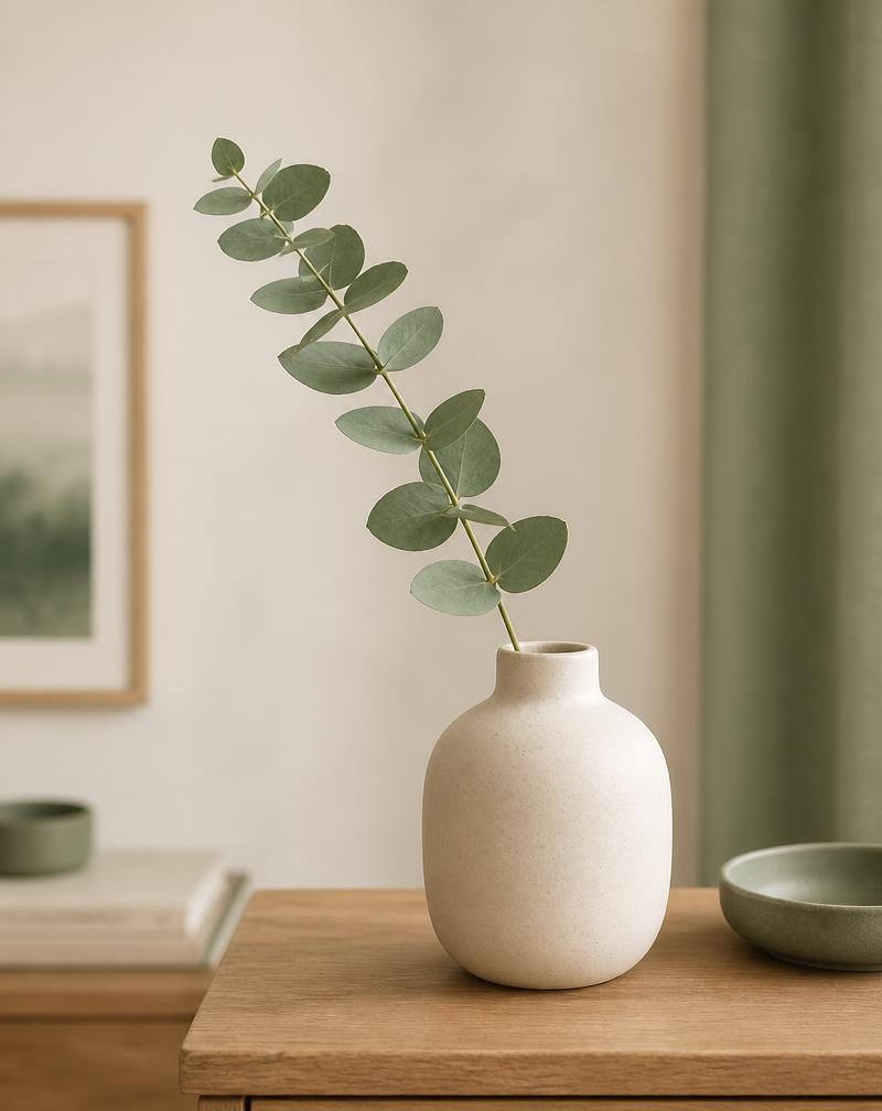 A simple ceramic vase with a single green stem
